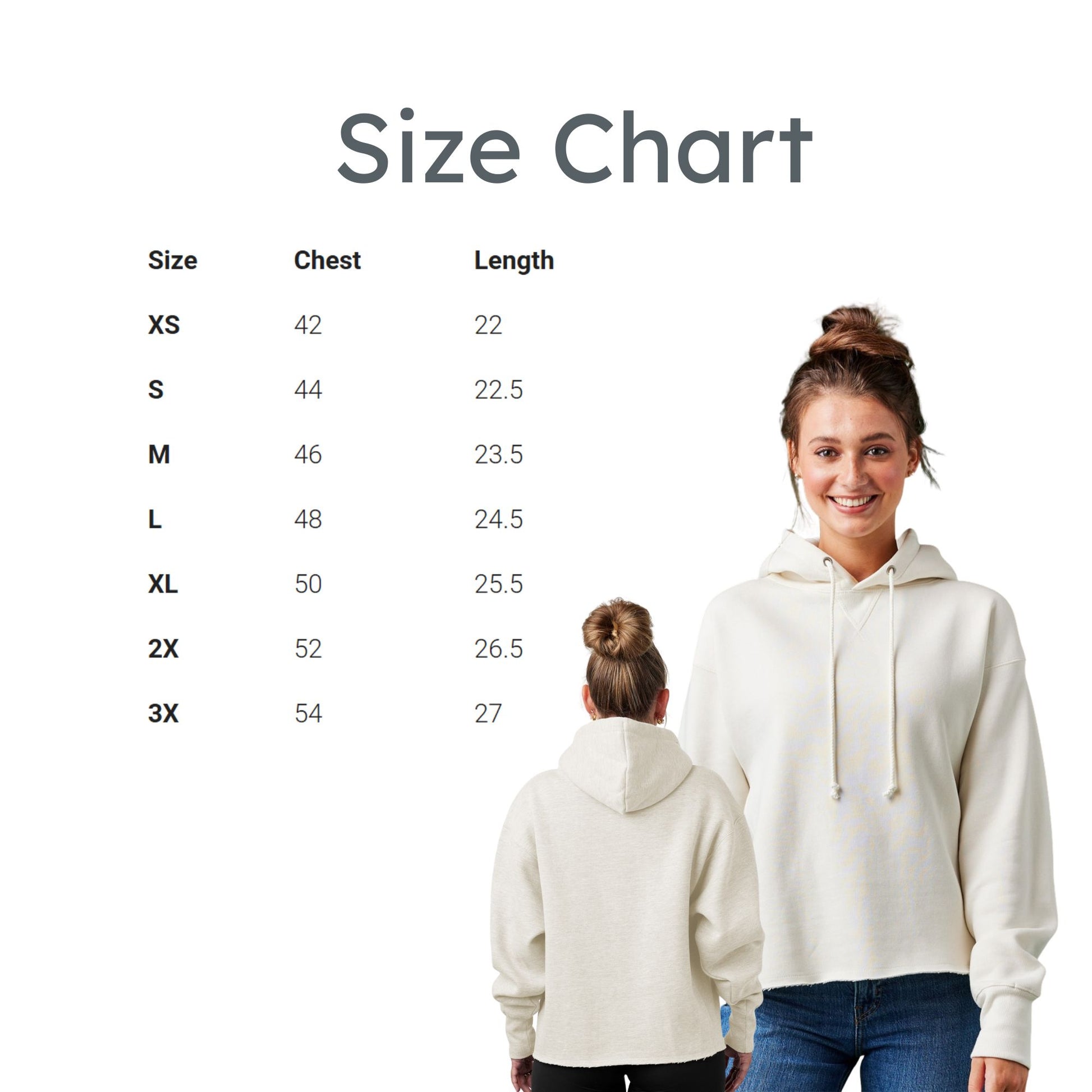 Size chart for a hoodie with measurements and two people wearing the hoodie.