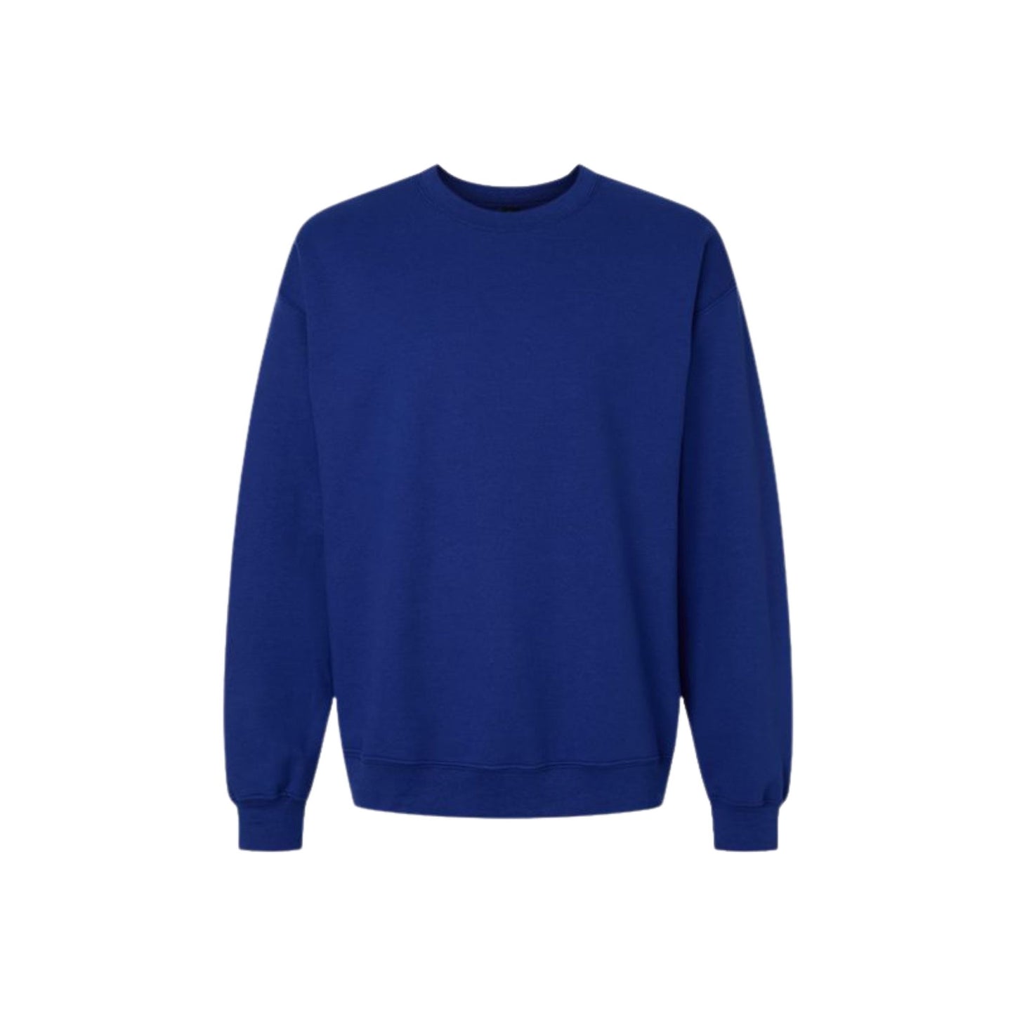 A royal blue crewneck sweatshirt with long sleeves and ribbed cuffs, displayed on a clean white background.