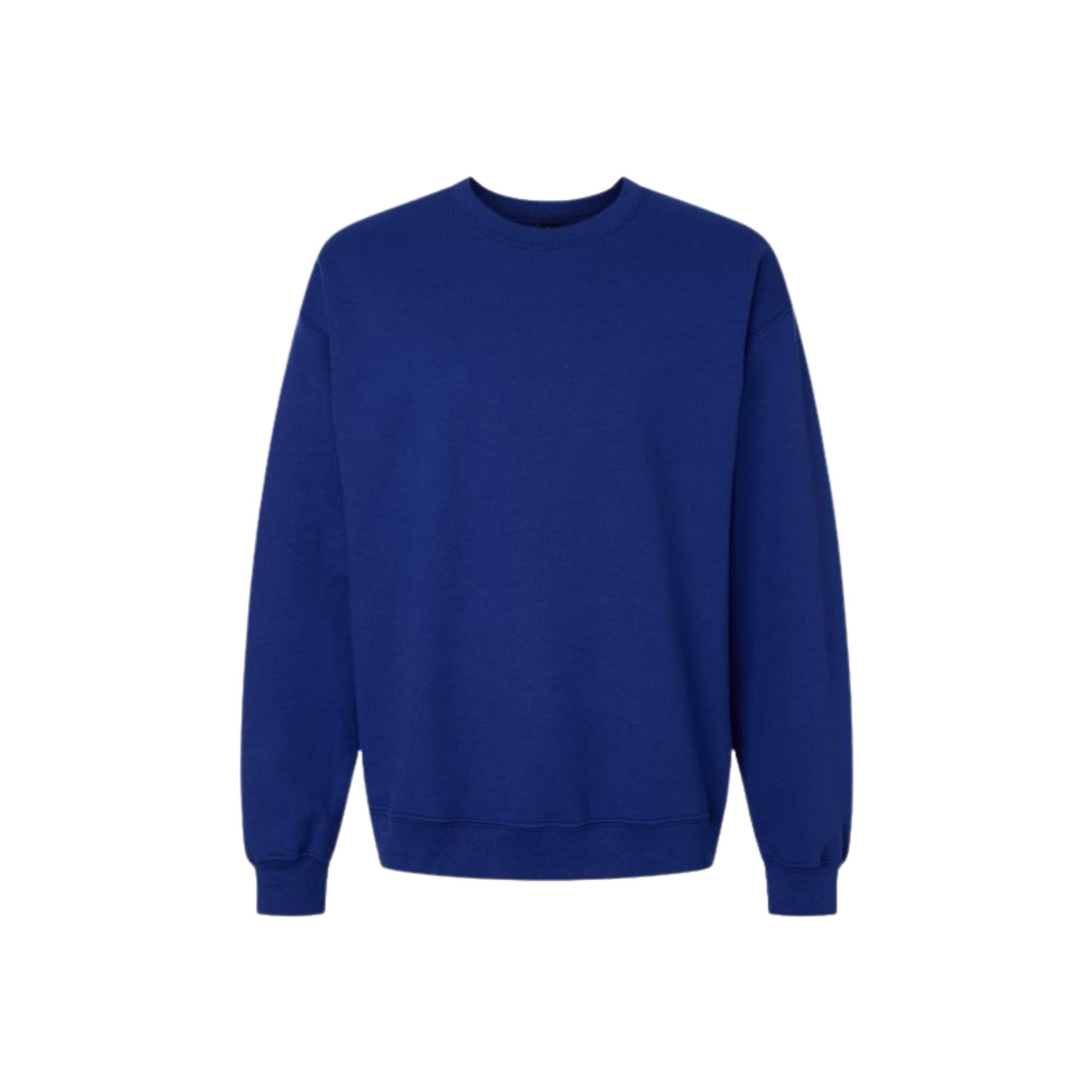 A royal blue crewneck sweatshirt with long sleeves and ribbed cuffs, displayed on a clean white background.