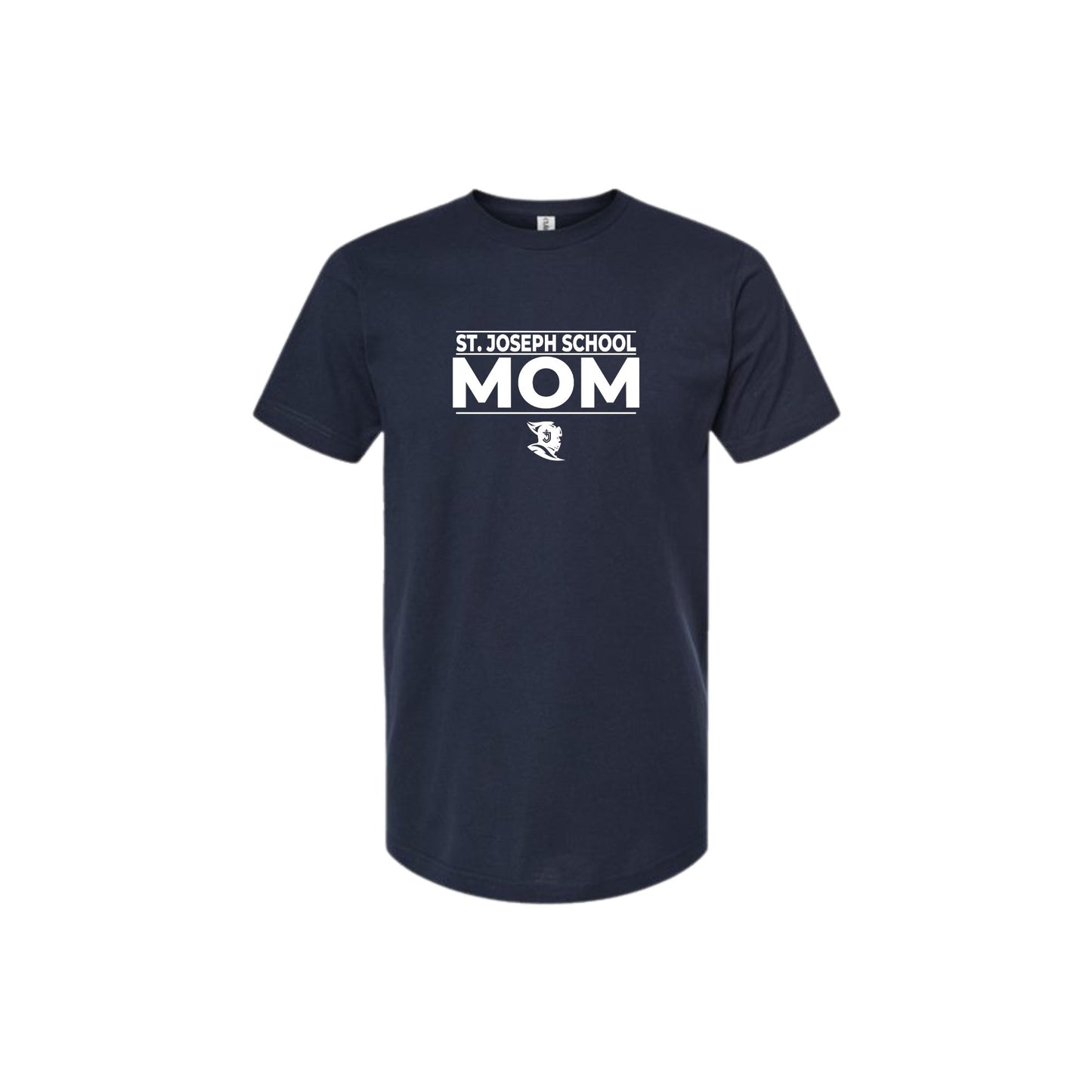 Navy blue t-shirt with 'St. Joseph School Mom' text on a white background