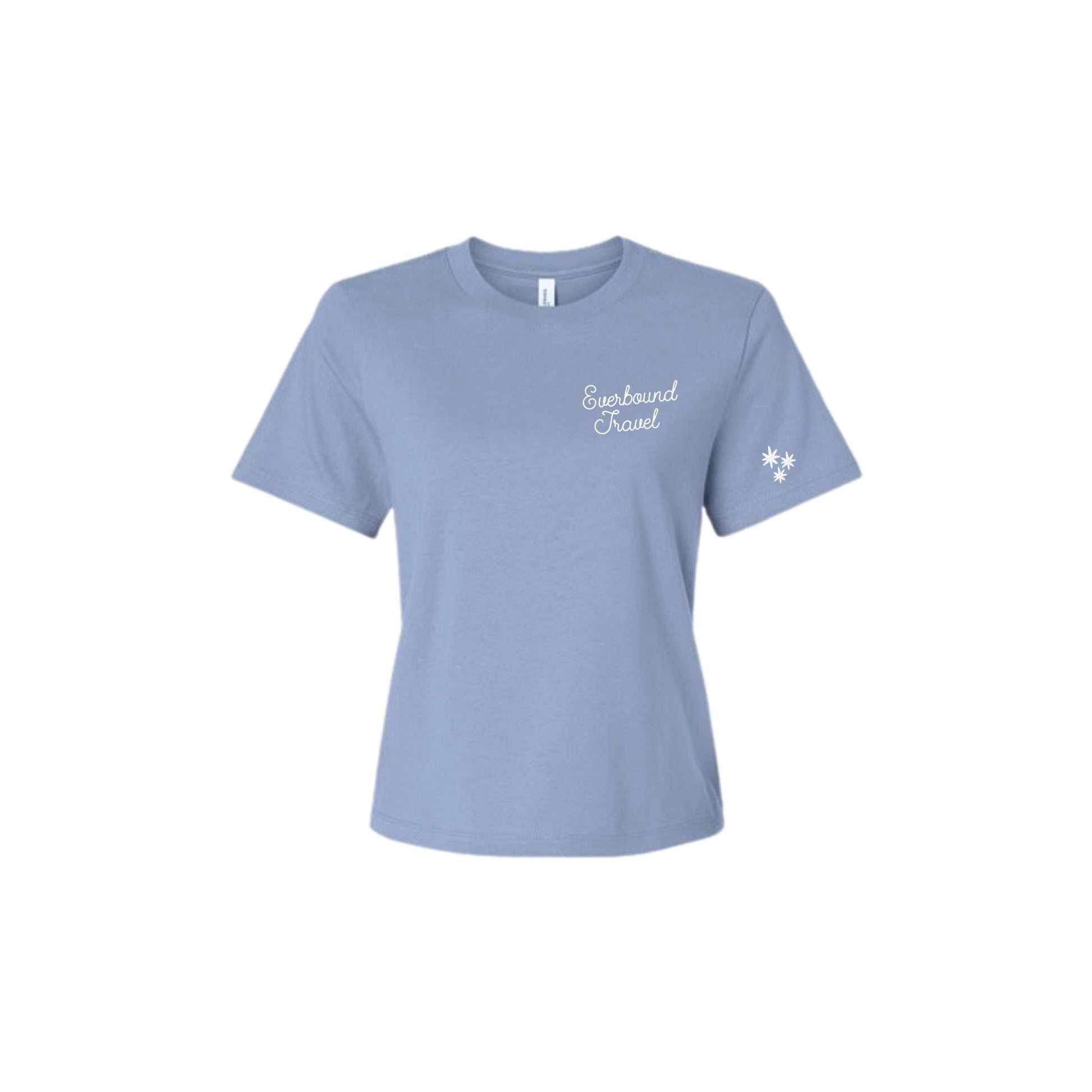 Light blue t-shirt with 'Expedient Travel' text on a white background