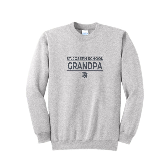 Ash crewneck sweatshirt with a charcoal st. joseph school grandpa printed design