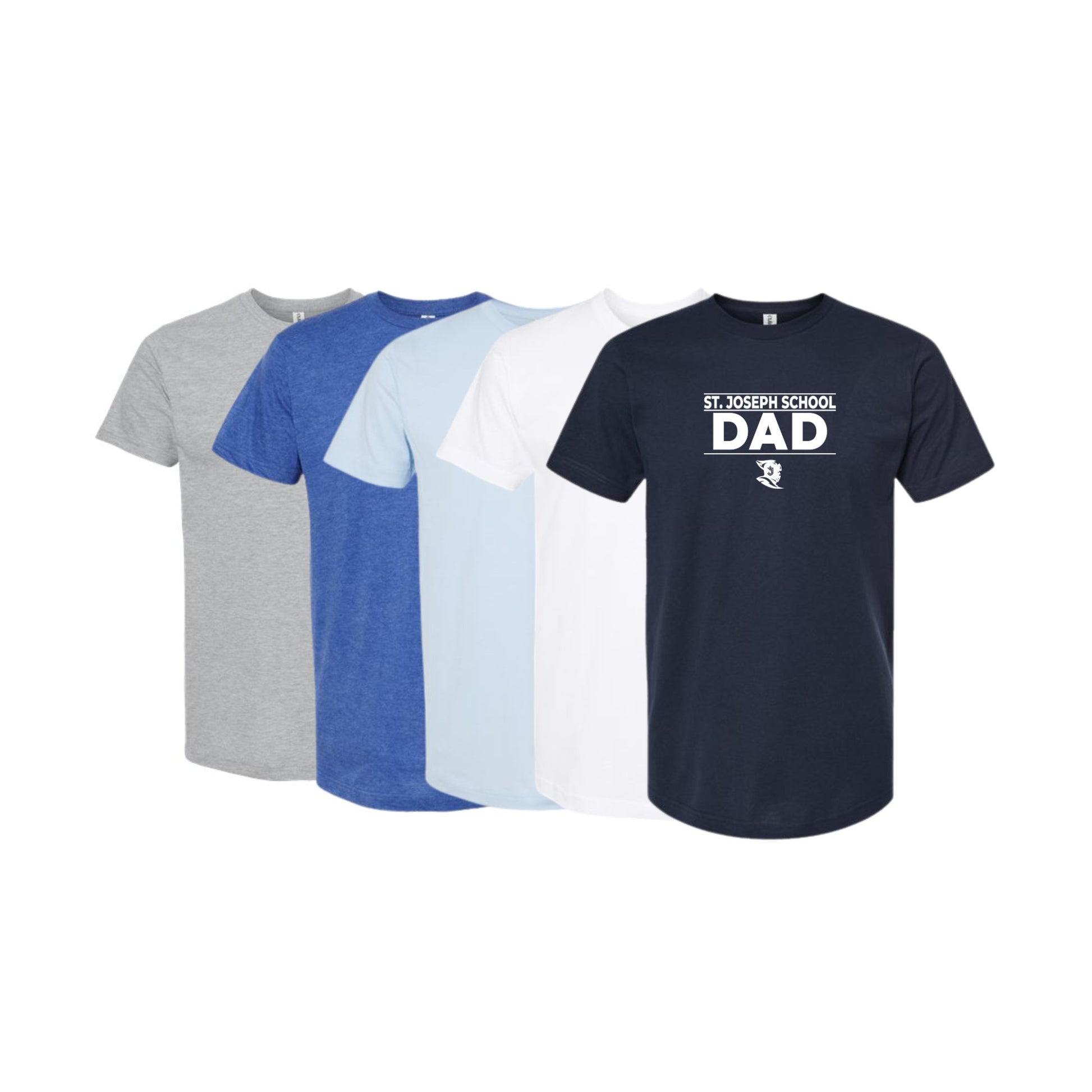 Four t-shirts in gray, blue, light blue, and navy with 'St. Joseph School Dad' text on a white background.