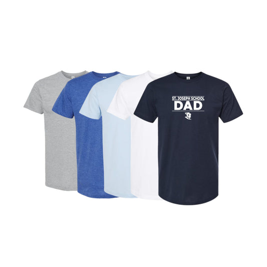Four t-shirts in gray, blue, light blue, and navy with 'St. Joseph School Dad' text on a white background.