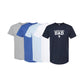 Four t-shirts in gray, blue, light blue, and navy with 'St. Joseph School Dad' text on a white background.
