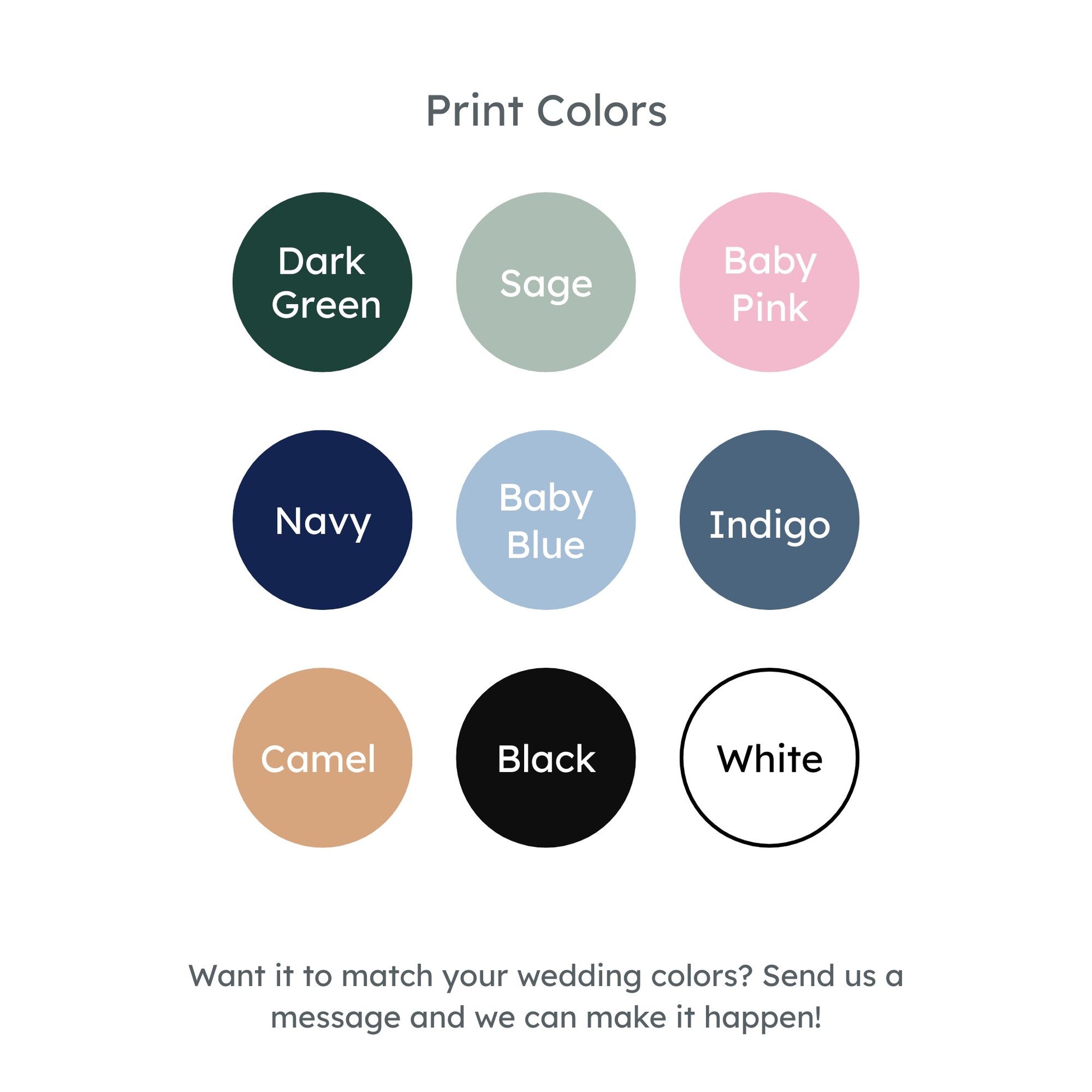 ink color options: dark green, sage, baby pink, navy, baby blue, indigo, camel, black, and white