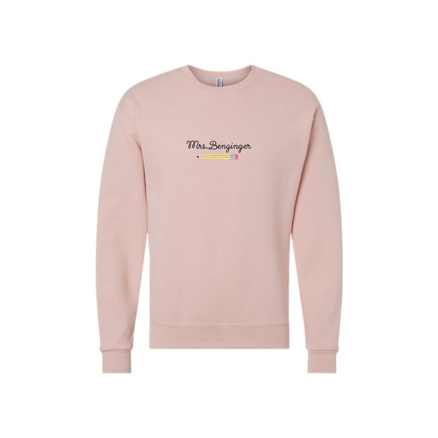 a blush crewneck sweatshirt with a custom name embroidered over an embroidered pencil icon on the center front of the shirt