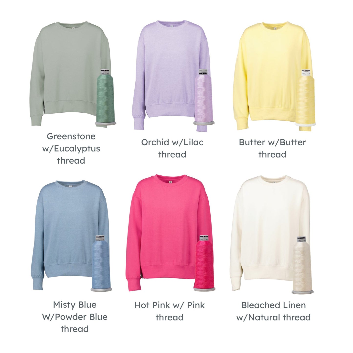 Collection of sweaters in various colors with thread types labeled below each.