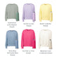 Collection of sweaters in various colors with thread types labeled below each.
