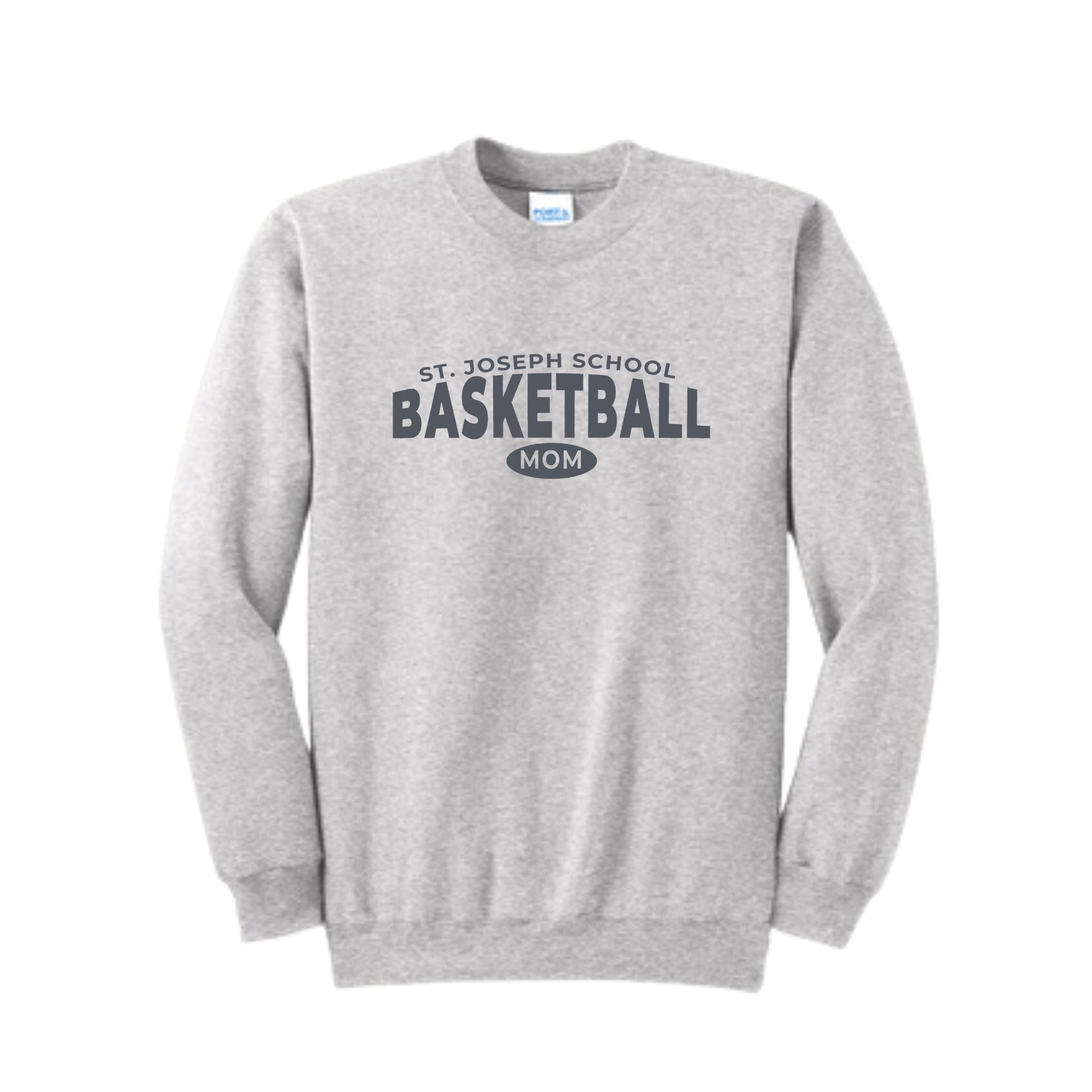 ash crewneck sweatshirt with a charcoal st. joseph school basketball mom print