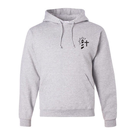ash hoodie with embroidered lighthouse and cross design