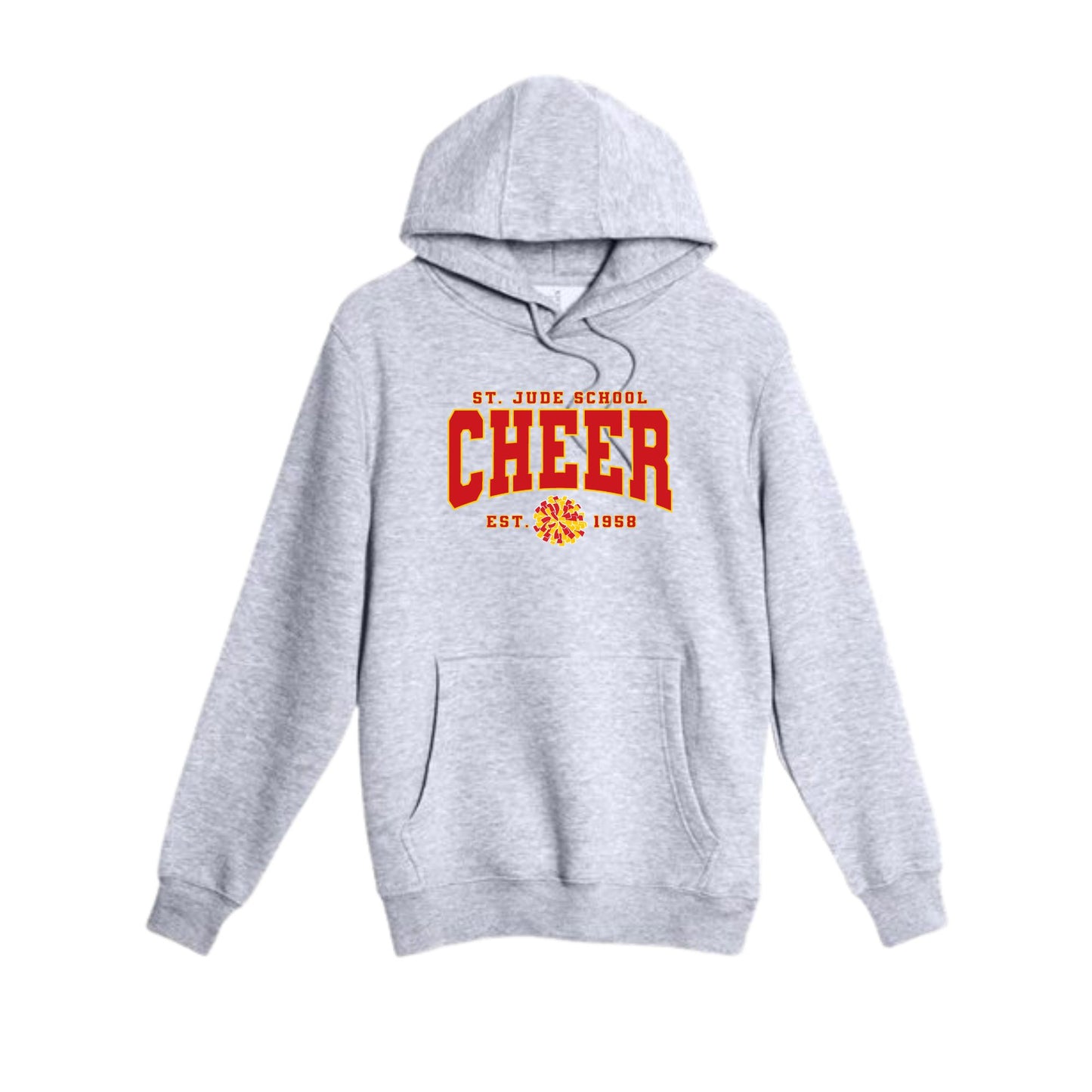 A light gray heather pullover hoodie with a red and orange graphic on the chest reading 'ST. JUDE SCHOOL CHEER EST.