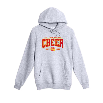 A light gray heather pullover hoodie with a red and orange graphic on the chest reading 'ST. JUDE SCHOOL CHEER EST.