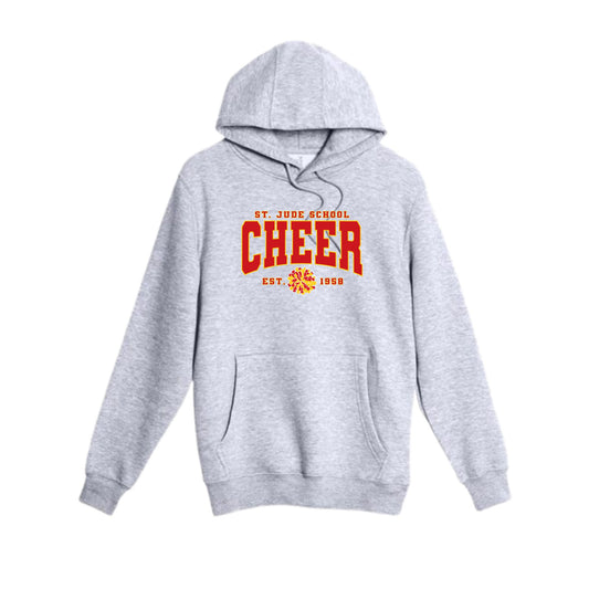 A light gray heather pullover hoodie with a red and orange graphic on the chest reading 'ST. JUDE SCHOOL CHEER EST.