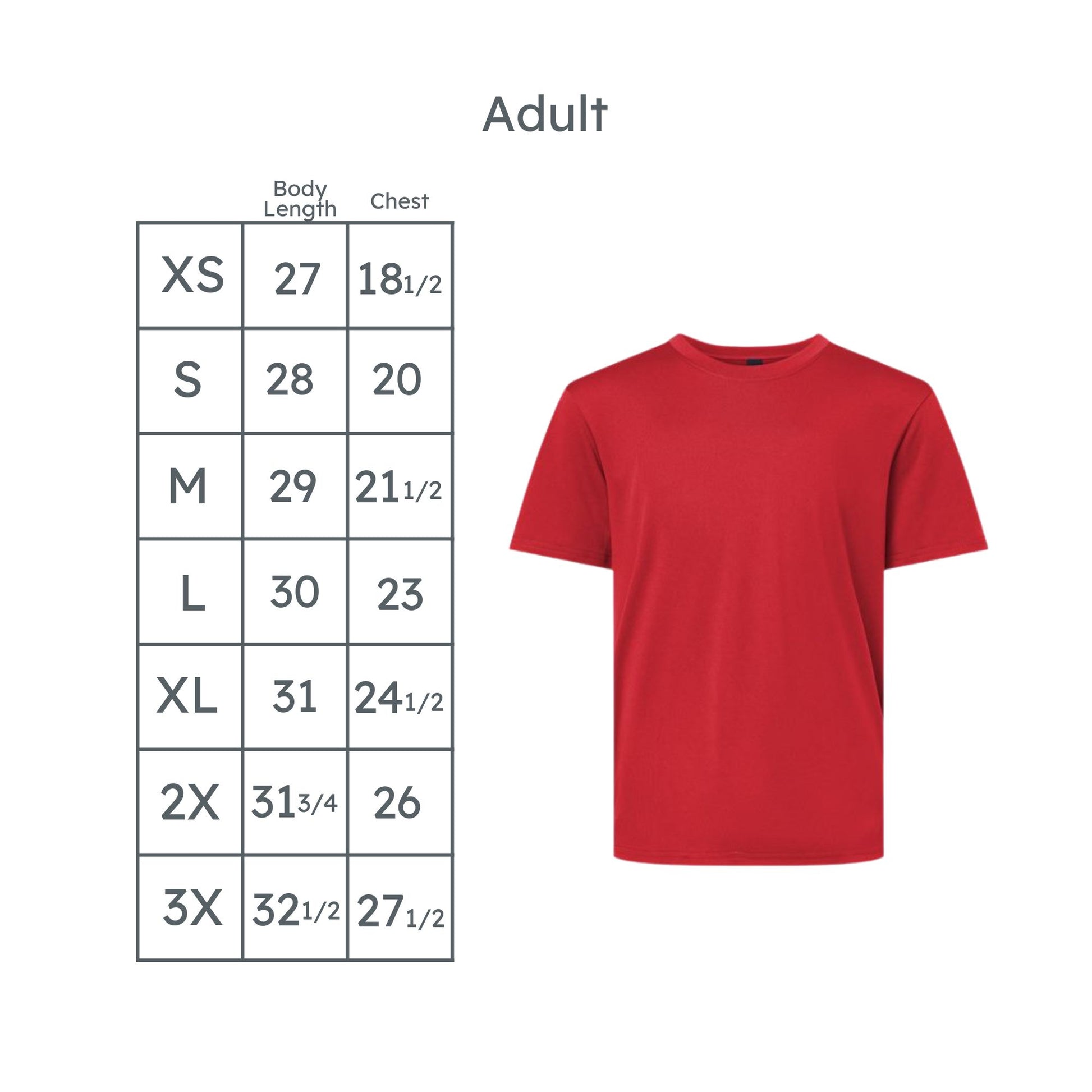 A size chart for an adult short-sleeve crew-neck T-shirt showing body length and chest measurements by size (XS through 3X), alongside a red T-shirt on a white background.
