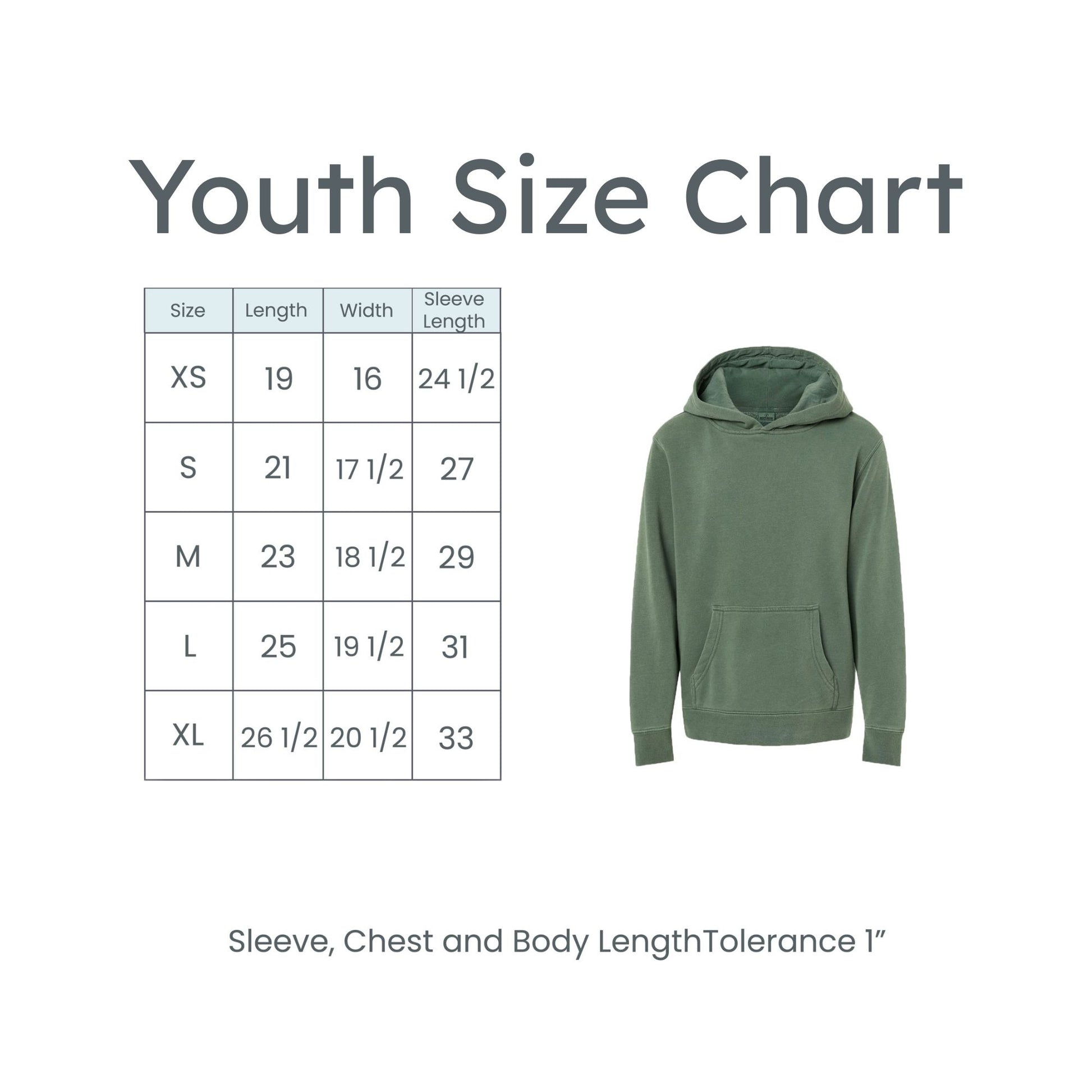 Green hoodie with youth size chart on a white background