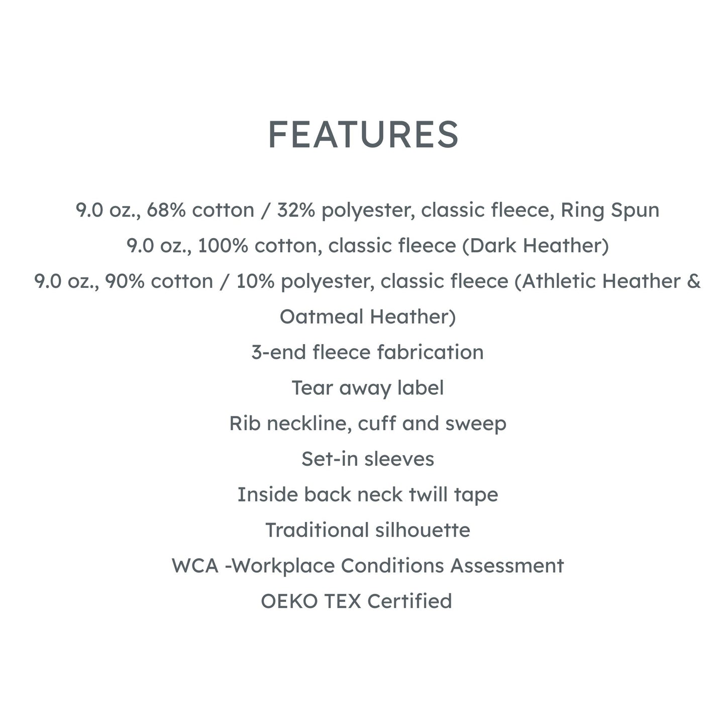 Text detailing fabric composition, features, and certifications on a white background