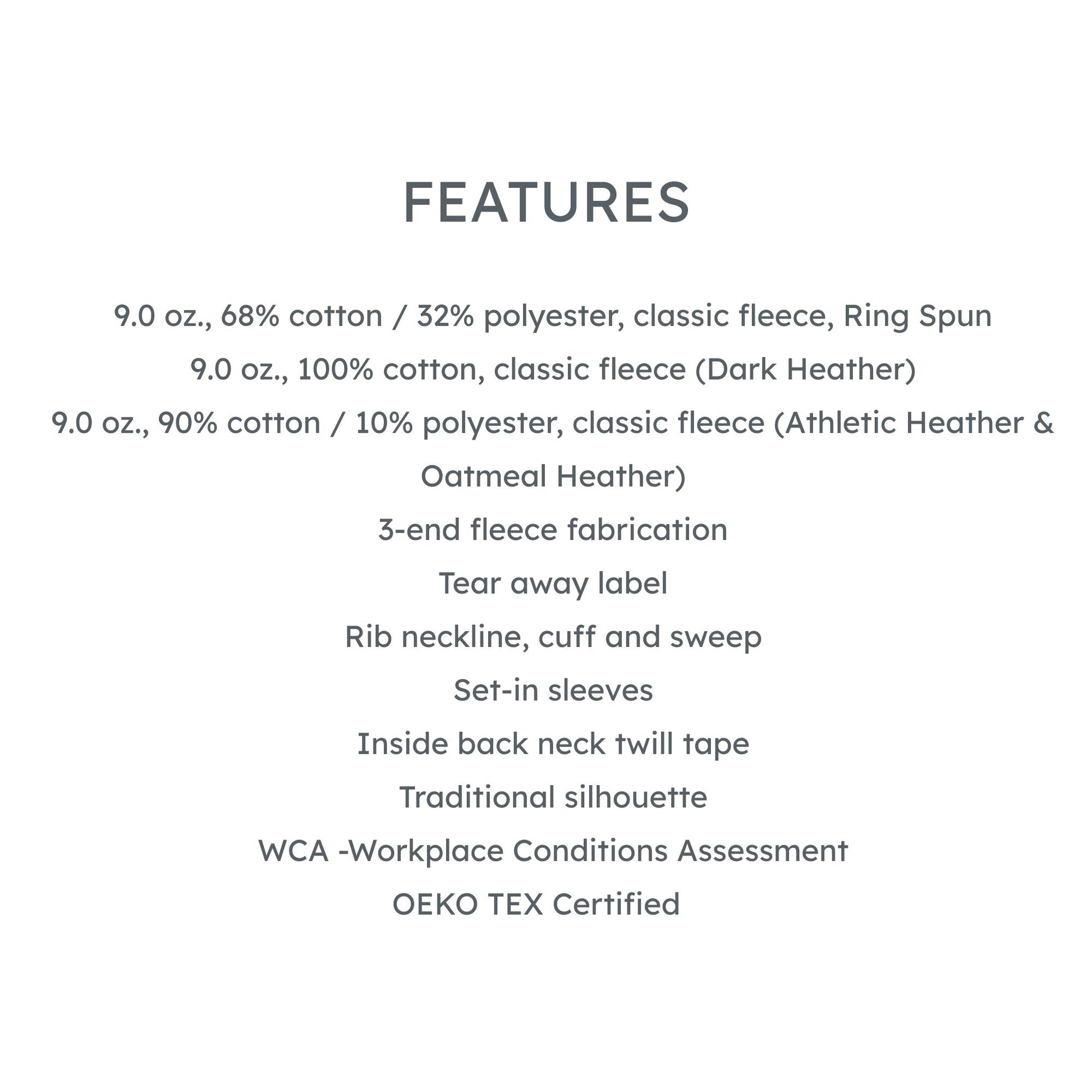 Text detailing fabric composition, features, and certifications on a white background