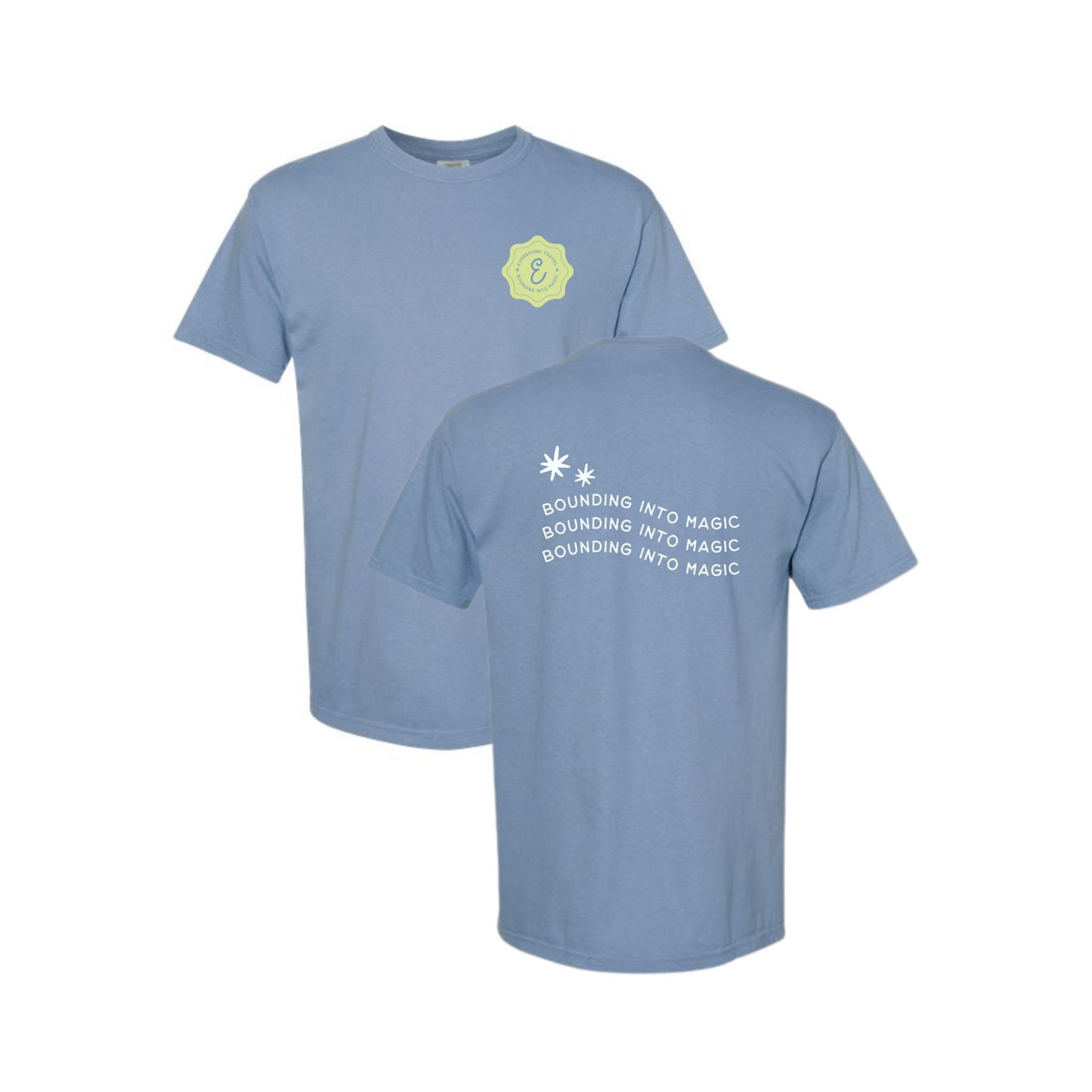 Light blue t-shirt with a logo on the chest and text on the back, displayed on a white background.