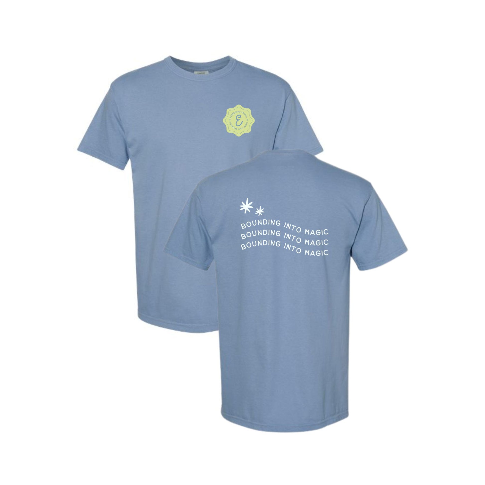 Light blue t-shirt with a logo on the chest and text on the back, displayed on a white background.