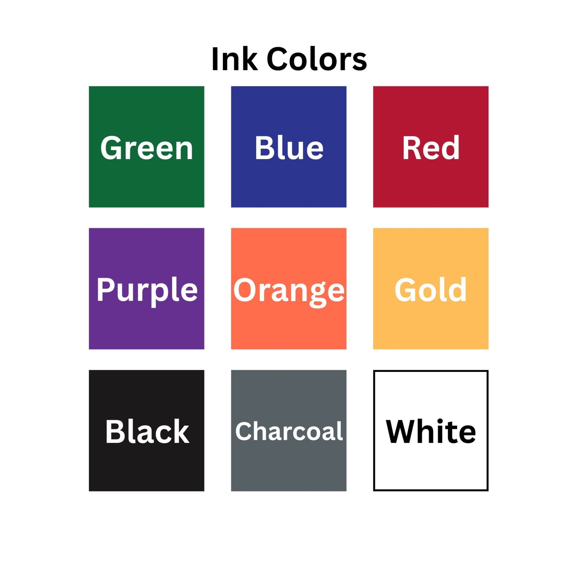 Grid of ink color swatches labeled with their names on a white background