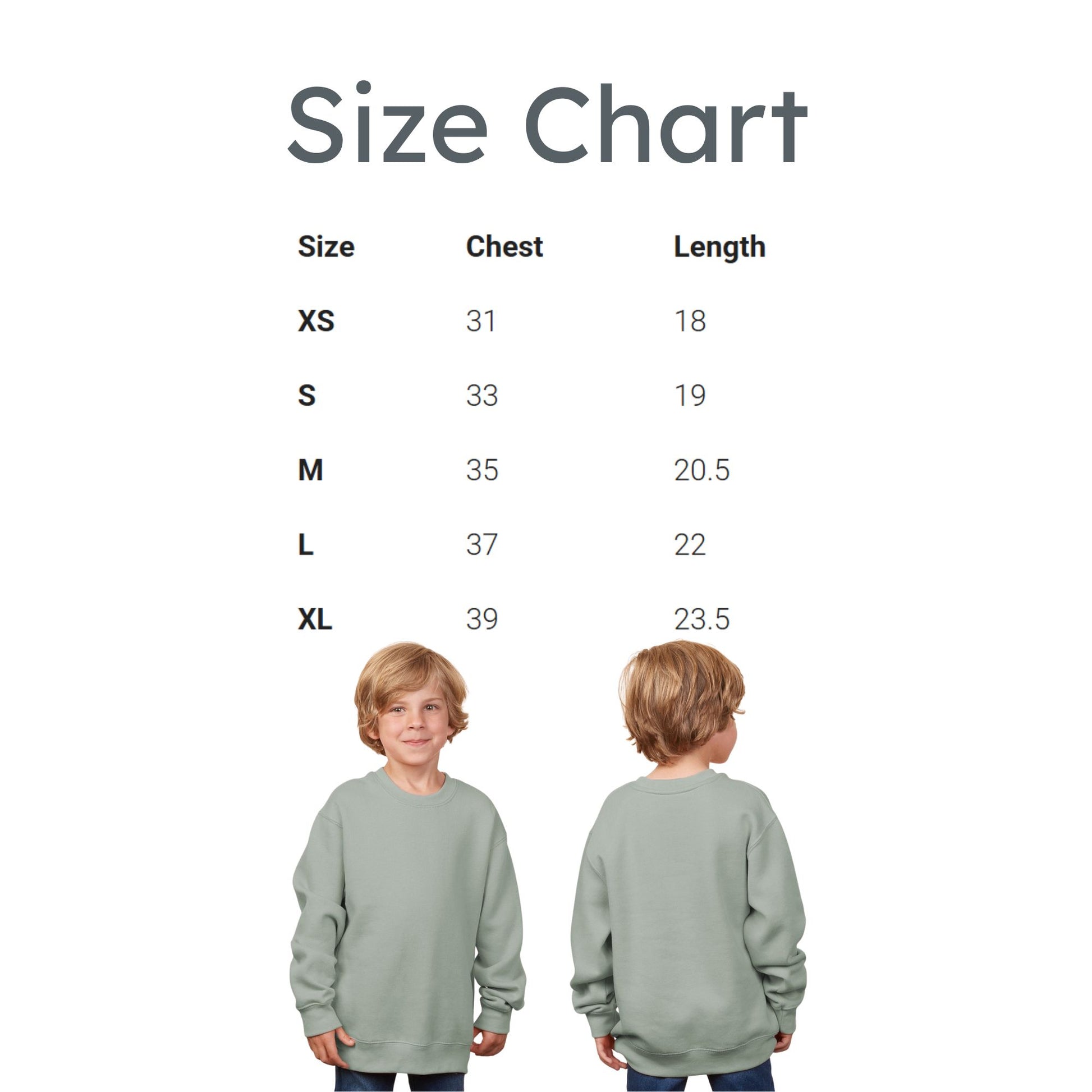 Size chart for children's sweatshirts with two children wearing the sweatshirt.