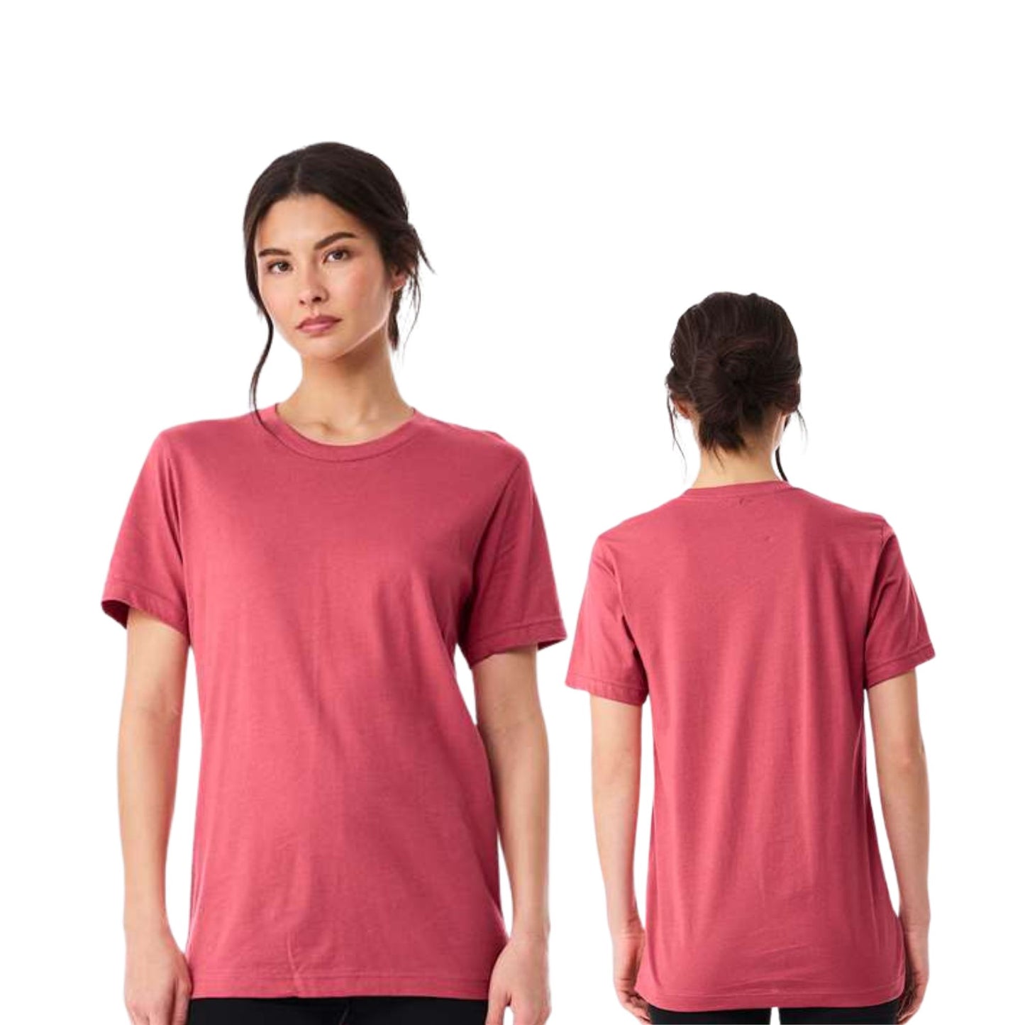 front and back image of a woman wearing a bella and canvas t-shirt
