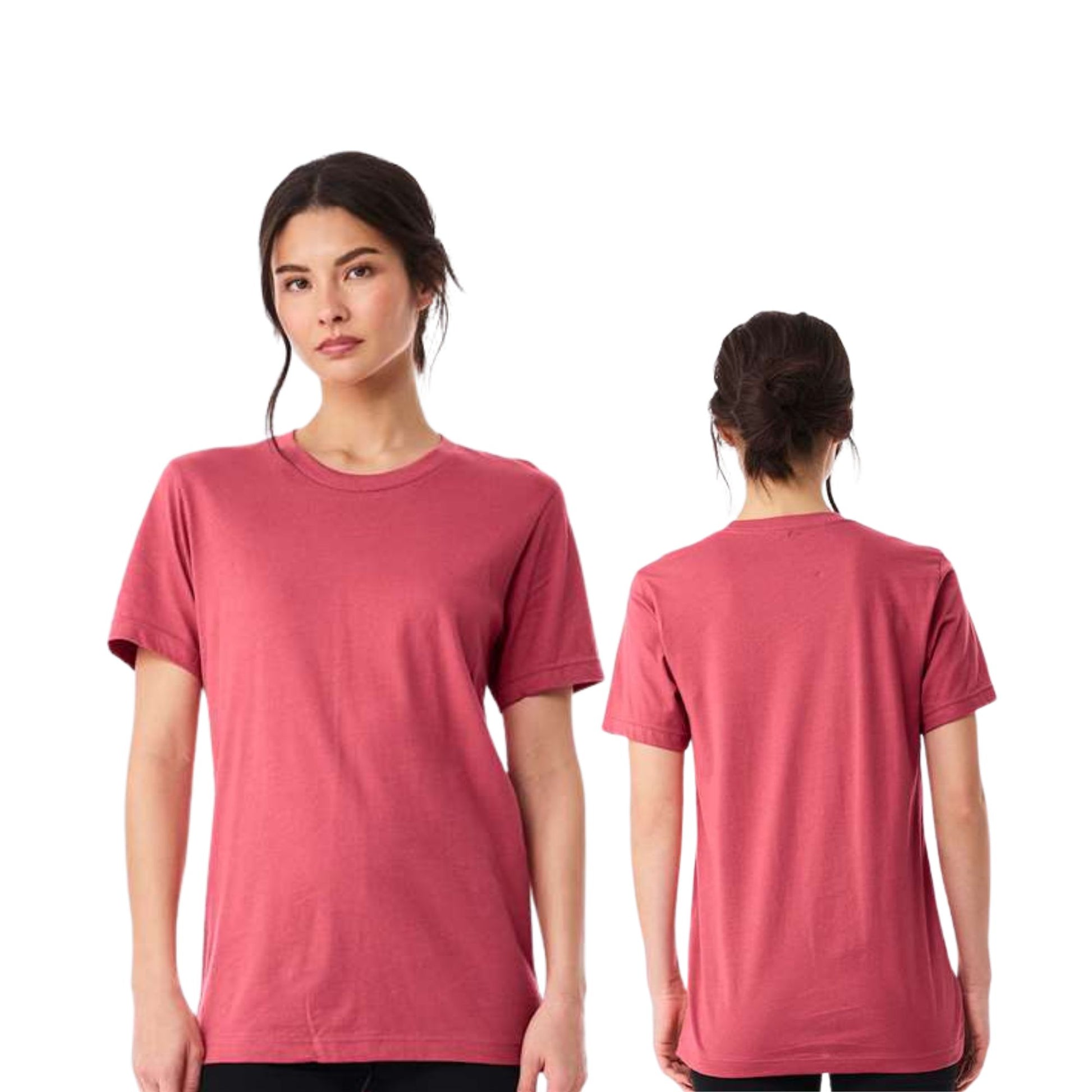 front and back image of a woman wearing a bella and canvas t-shirt