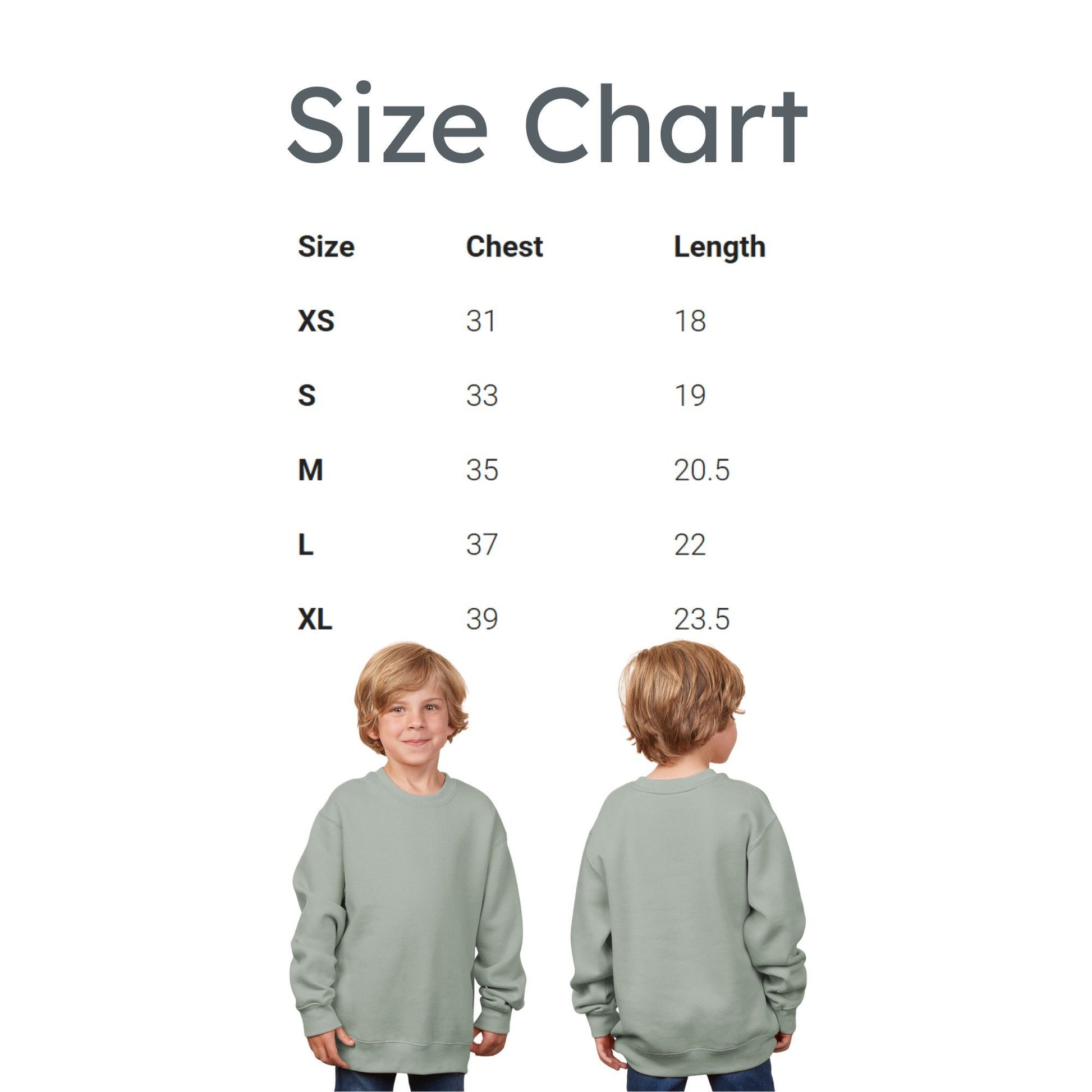 Size chart for children's sweatshirts with two children wearing the sweatshirt.