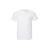 White t-shirt with a small logo on a white background