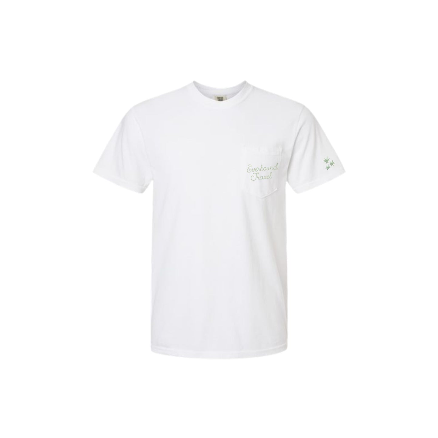 White t-shirt with a small logo on a white background
