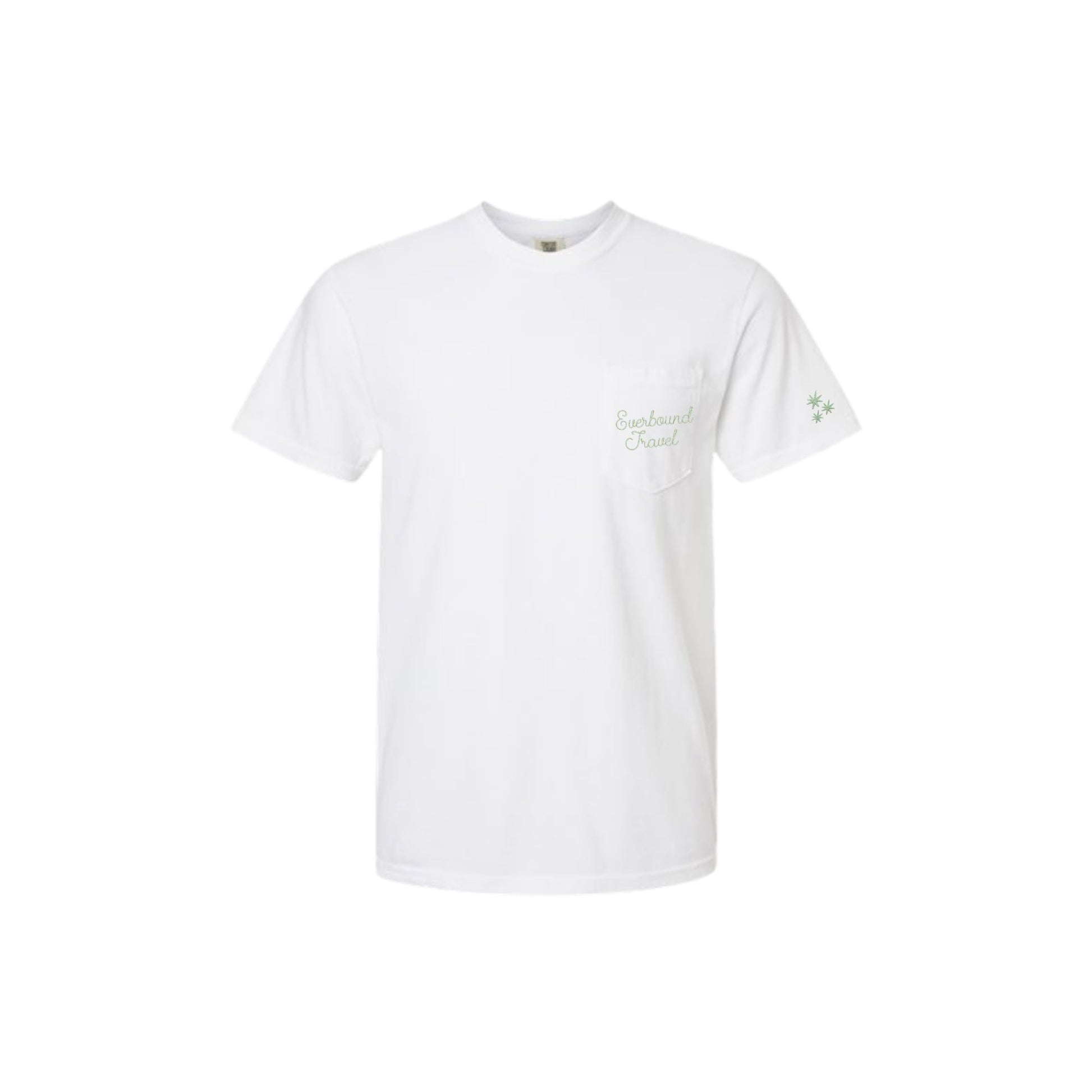 White t-shirt with a small logo on a white background