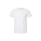 White t-shirt with a small logo on a white background