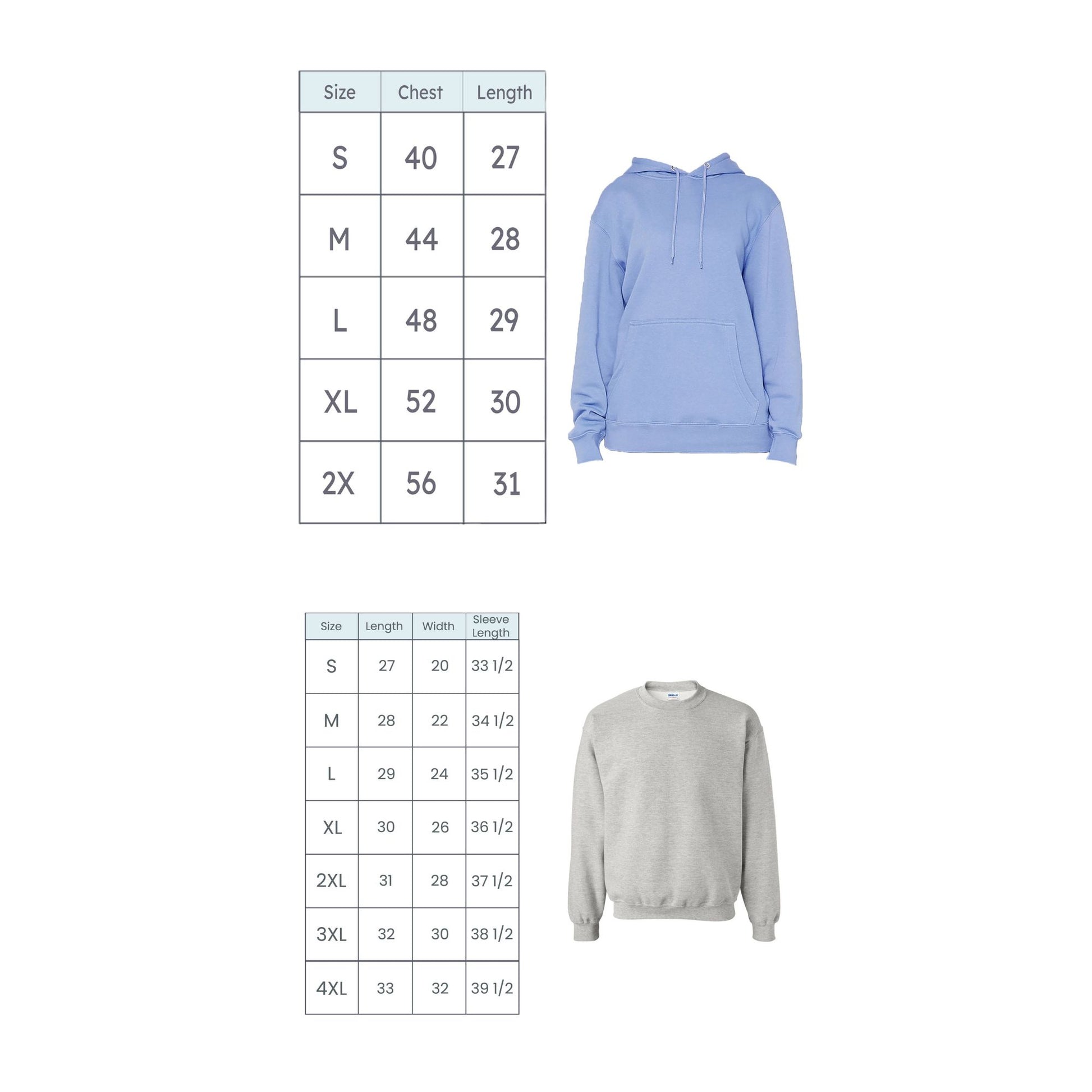 Light blue hoodie with size chart on a white background