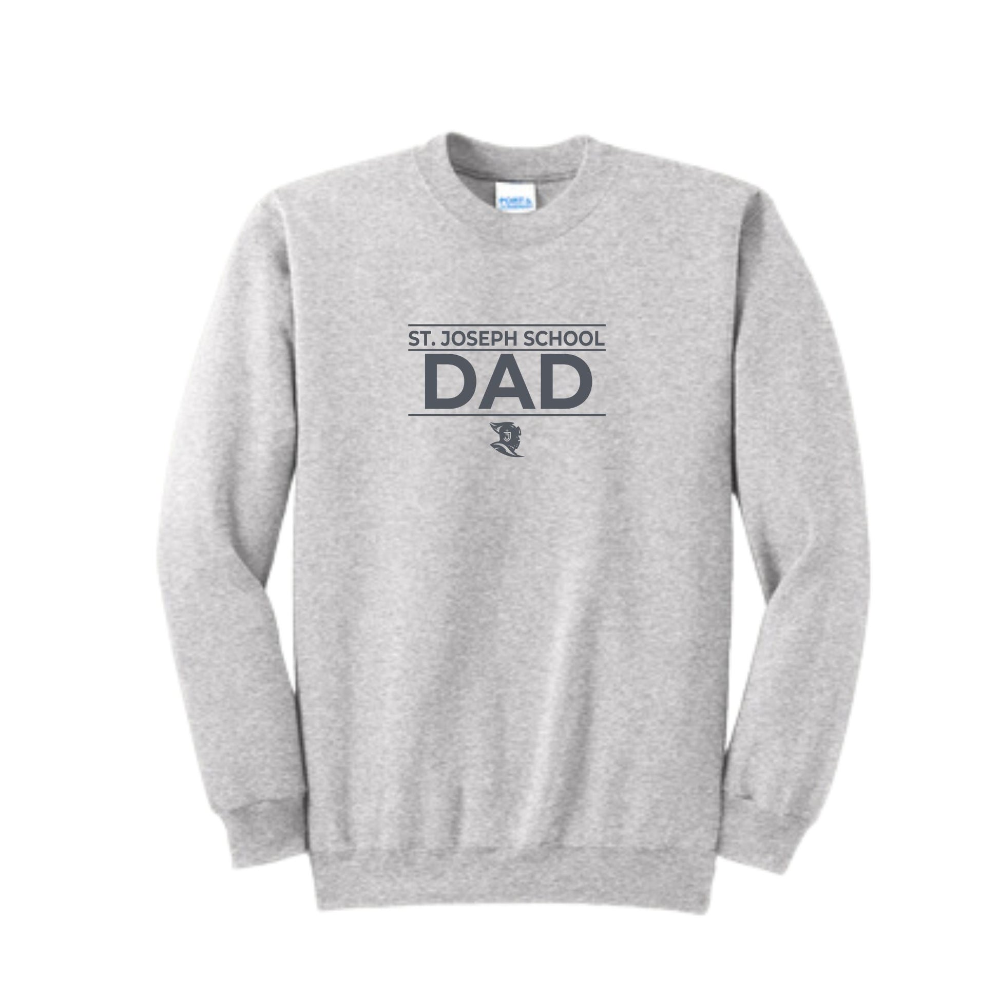 Ash crewneck sweatshirt with a charcoal st. joseph school dad printed design