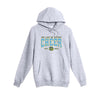 heather grey hooded sweatshirt with our lady of victory cheer print in light blue and yellow