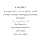 Text listing features of a garment on a white background