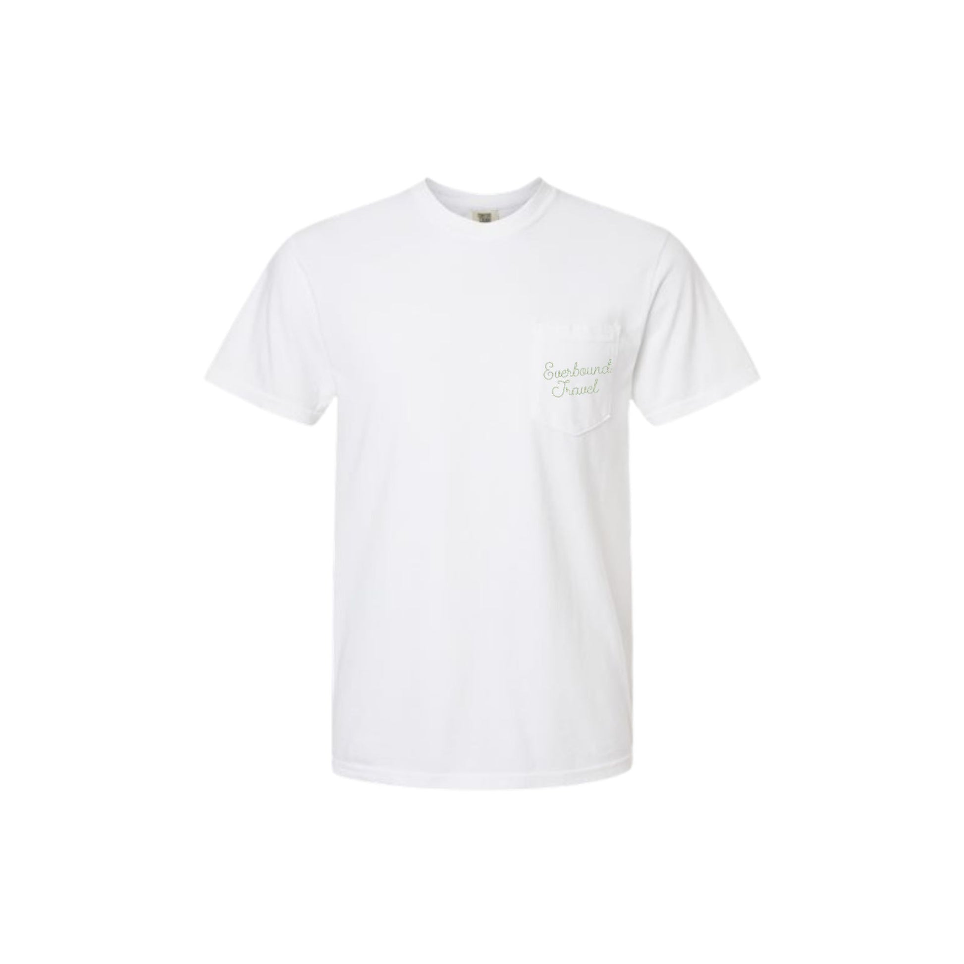 White t-shirt with a small logo on a white background