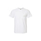 White t-shirt with a small logo on a white background