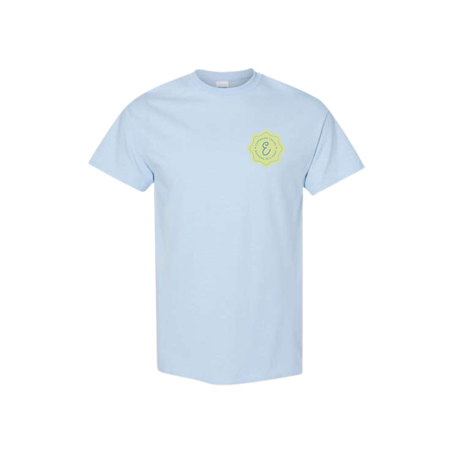 Light blue t-shirt with a yellow logo on a white background
