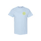 Light blue t-shirt with a yellow logo on a white background