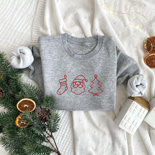 toddler athletic heather crewneck with embroidered Christmas icons across the chest in red thread