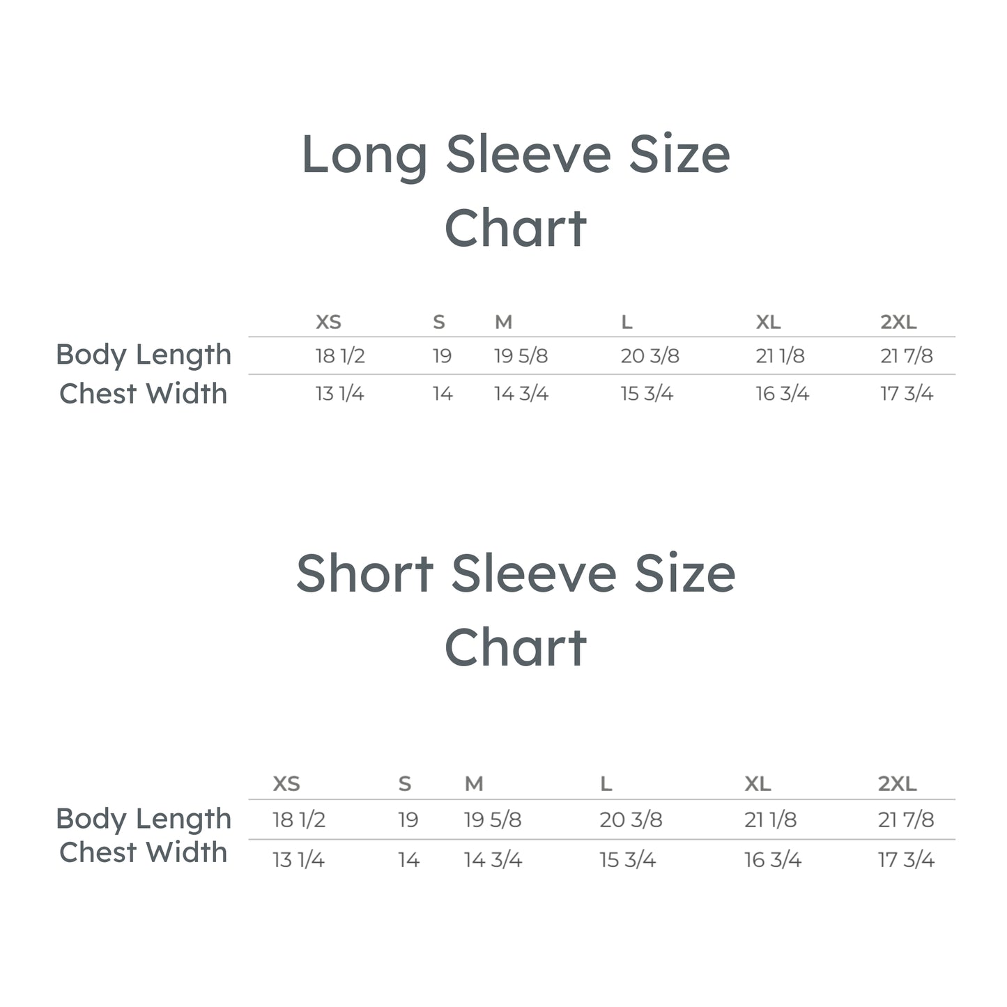 Size chart for long and short sleeve shirts with body length and chest width measurements.