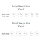 Size chart for long and short sleeve shirts with body length and chest width measurements.