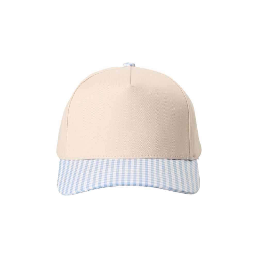Beige cap with a blue and white checkered brim on a white background