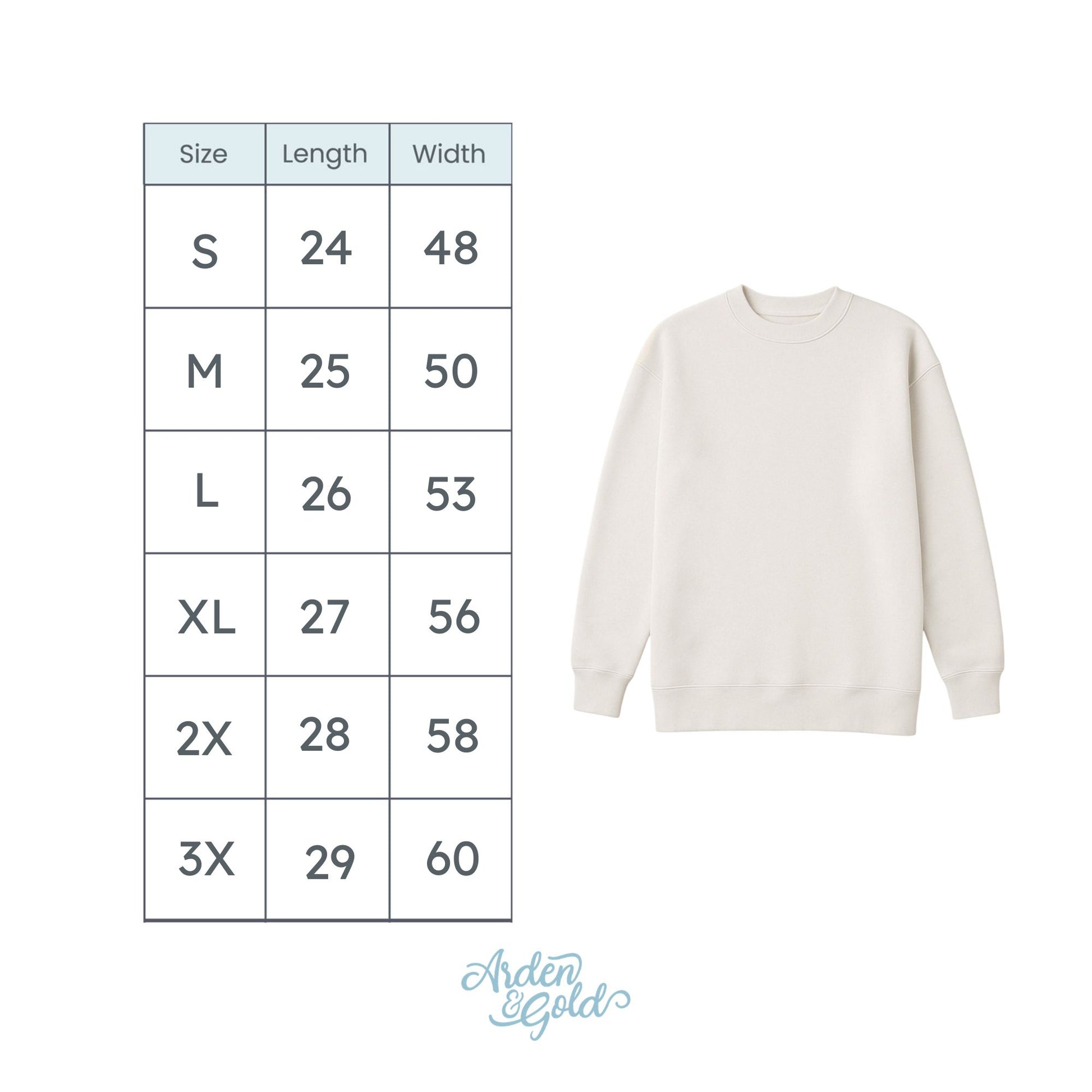 Size chart for a white sweater with measurements in inches on a white background.