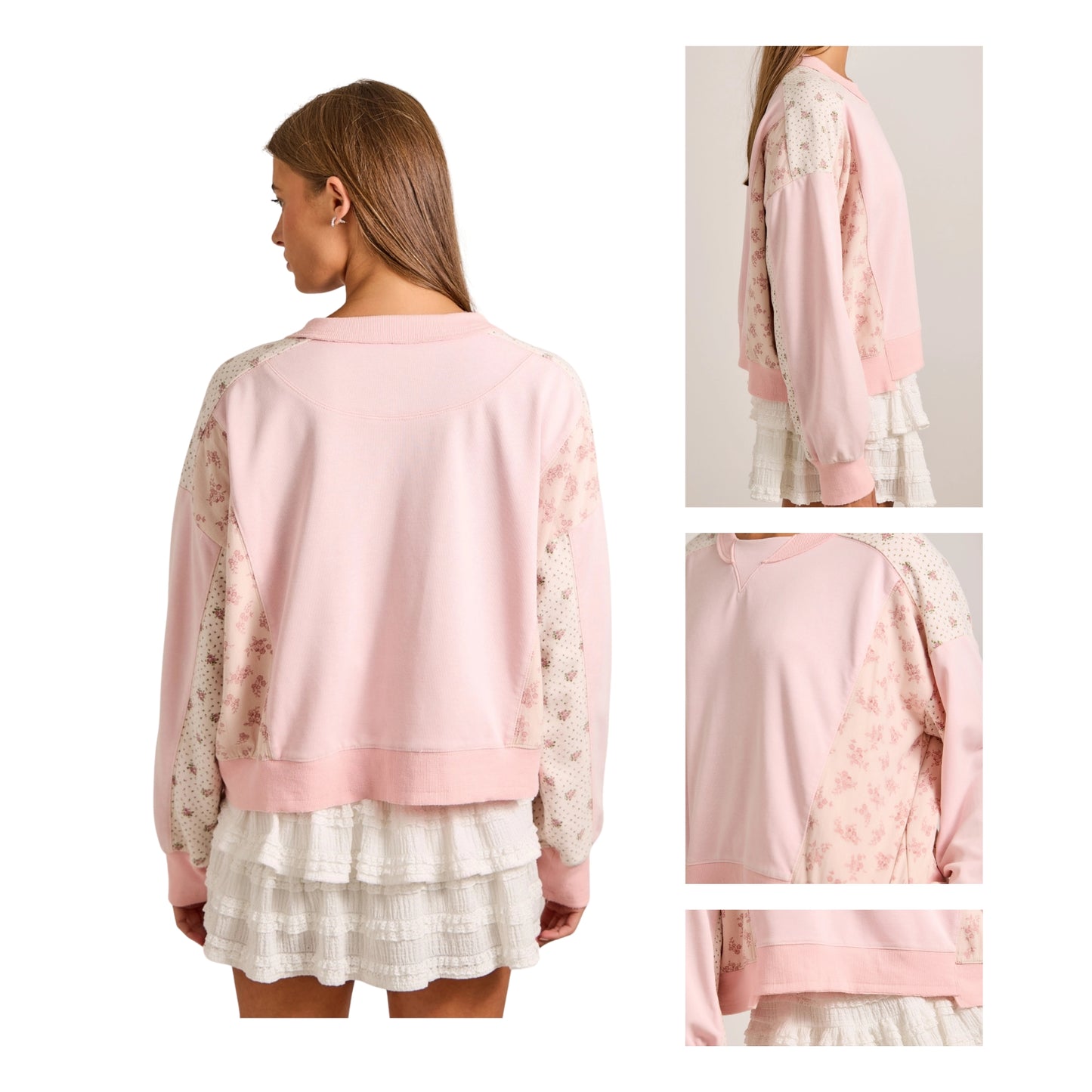 Pink floral sleeve top worn by a model with inset images showing different angles.