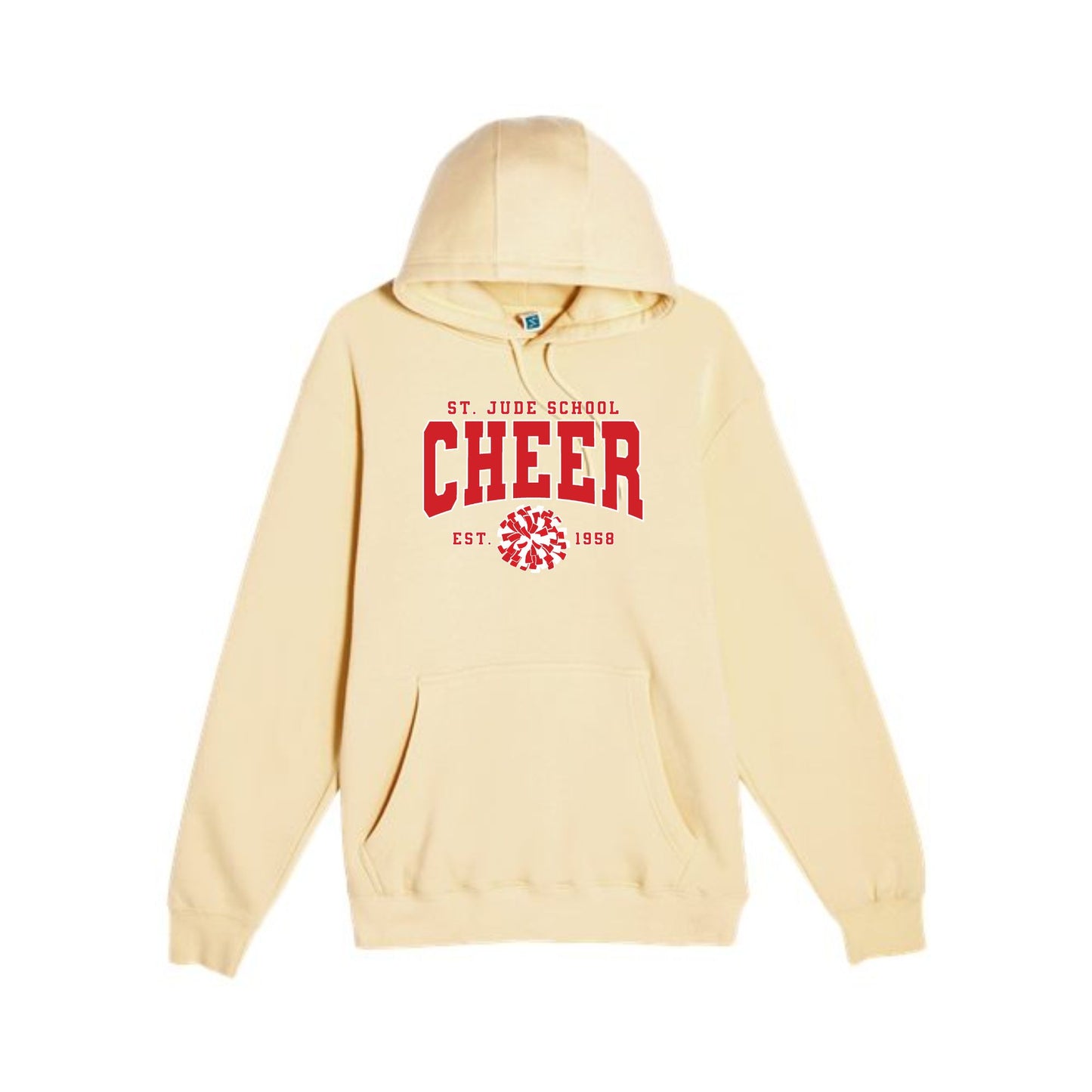 A light yellow-colored pullover hoodie with a red graphic on the chest reading 'ST. JUDE SCHOOL CHEER EST.