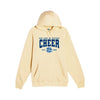butter yellow hooded sweatshirt with our lady of victory cheer print in navy blue and white