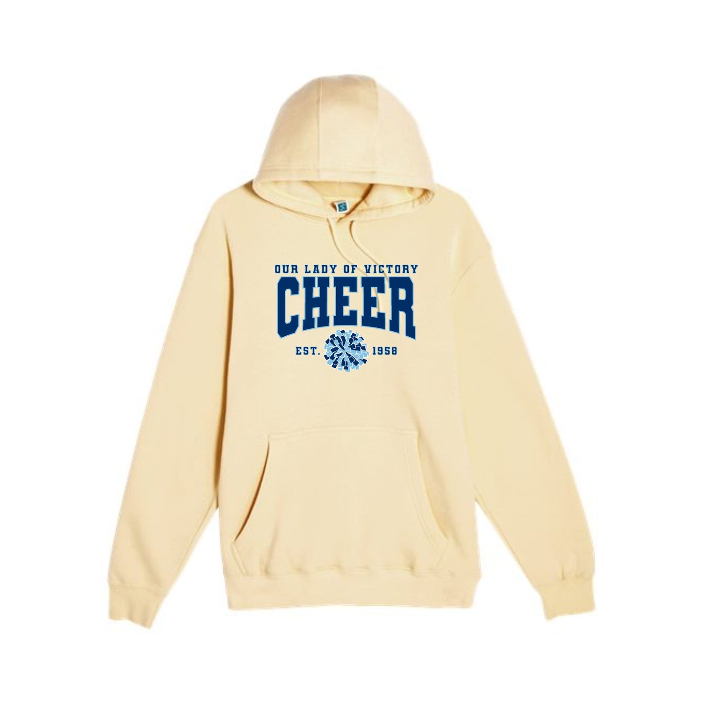 butter yellow hooded sweatshirt with our lady of victory cheer print in navy blue and white